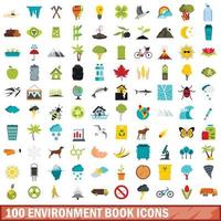 100 icone del libro dell'ambiente impostate, stile piatto vettore