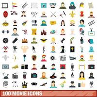 100 icone di film impostate, stile piatto vettore
