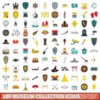 100 set di icone della collezione del museo, stile piatto vettore