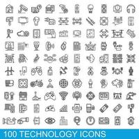100 icone di tecnologia impostate, stile contorno vettore