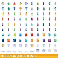 100 icone di plastica impostate, stile cartone animato vettore