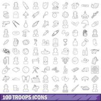 100 set di icone di truppe, stile contorno