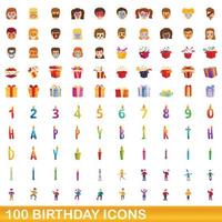 100 icone di compleanno impostate, stile cartone animato vettore