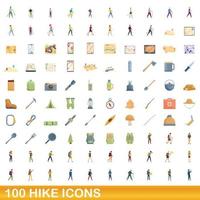 100 set di icone di escursione, stile cartone animato vettore