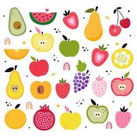 simpatiche collezioni vettoriali di frutti luminosi. grande insieme di frutta, pera, uva, ciliegie, fragola, avocado, pesca, intera, metà e pezzi di frutta. disegni di decorazioni per la cucina, menu del ristorante, stampe, tessuti