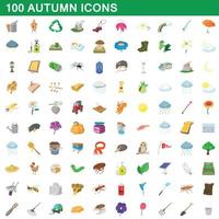 100 set di icone autunnali, stile cartone animato vettore