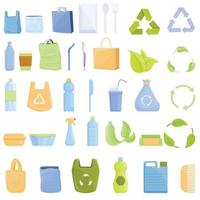 set di icone in plastica biodegradabile, stile cartone animato vettore