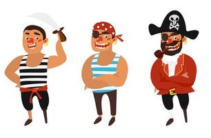 illustrazione vettoriale set cartone animato carino pirati sorridenti con spada, senza occhio e cappello con un teschio.