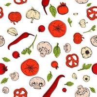 modello senza cuciture con verdure schizzo disegnato a mano pomodoro, pepe, aglio, funghi per pizza o insalata ricetta, pacchetto, menu, cucina. cibo sano vettore sfondo bianco, poster o banner