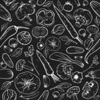 Fondo nero di vettore del modello senza cuciture. schizzo disegnato a mano verdure vintage pomodoro, cetriolo, pepe, aglio, funghi per pacchetto, menu, ricetta, cucina