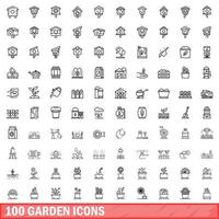 100 icone del giardino impostate, stile contorno vettore