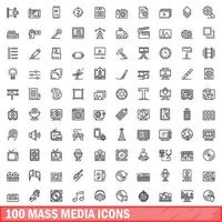 100 icone mass media impostate, stile contorno vettore