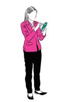 donna d'affari in piedi e utilizzare uno smartphone, illustrazione vettoriale isolato su sfondo bianco