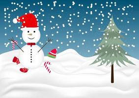 scheda grafica per buon natale con pupazzo di neve e albero per illustrazione vettoriale