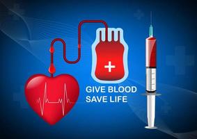 il cuore con la sacca di sangue e il concetto di siringa danno il sangue salva l'illustrazione vettoriale della vita