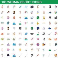 100 icone di sport donna impostate, stile cartone animato vettore