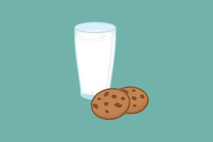 biscotto con gocce di cioccolato e un bicchiere di latte. vettore di illustrazione isolato