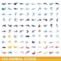 100 icone animali impostate, stile cartone animato vettore