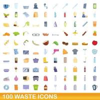 100 icone dei rifiuti impostate, stile cartone animato vettore