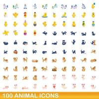 100 icone animali impostate, stile cartone animato vettore