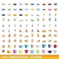 100 icone universali impostate, stile cartone animato vettore