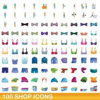 100 icone del negozio impostate, stile cartone animato vettore