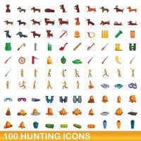 100 icone di caccia impostate, stile cartone animato vettore