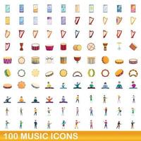 100 icone musicali impostate, stile cartone animato vettore
