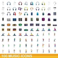 100 icone musicali impostate, stile cartone animato vettore