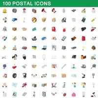 100 icone postali impostate, stile cartone animato vettore