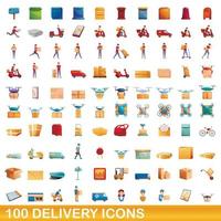100 icone di consegna impostate, stile cartone animato vettore