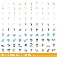 100 set di icone del circo, stile cartone animato vettore