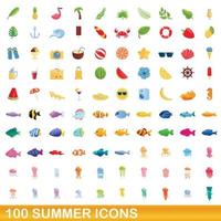 100 icone estive impostate, stile cartone animato vettore