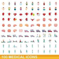 100 set di icone mediche, stile cartone animato vettore