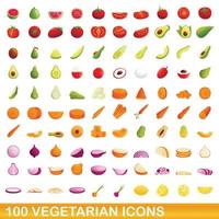 100 icone vegetariane impostate, stile cartone animato vettore