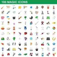 100 icone magiche impostate, stile cartone animato vettore