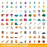 100 set di icone invernali, stile cartone animato vettore