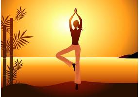 La donna libera di vettore pratica lo yoga sul tramonto