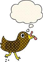 uccello cartone animato con verme e bolla di pensiero in stile fumetto vettore