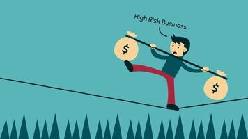 illustrazione di affari ad alto rischio. illustrazione vettoriale dell'uomo che mantiene l'equilibrio per attraversare la corda mentre trasporta denaro.