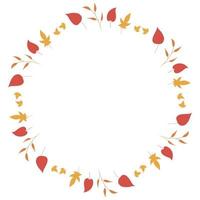cornice rotonda con graziose foglie rosse, foglie gialle e rami arancioni su sfondo bianco. corona isolata per il tuo design. vettore