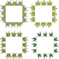 quattro cornici quadrate con erba verde e foglie. cornici isolate su sfondo bianco per il tuo design vettore