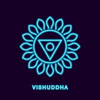 chakra vishuddha al neon blu. simbolo luminoso di accesso alla liberazione e alle ricchezze dello yoga. kantha del benefattore universale e del fegato lungo vettoriale