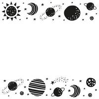 poster con pianeti, stelle, luna, icone del sole e spazio per testo su sfondo bianco. vettore
