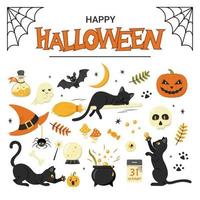 raccolta di elementi tradizionali di halloween con simpatici gatti neri giocosi vettore