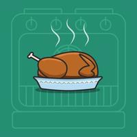illustrazione vettoriale di tacchino al forno per il giorno del ringraziamento. immagine del fumetto di cibo tradizionale per le vacanze autunnali. sfondo verde con contorno forno