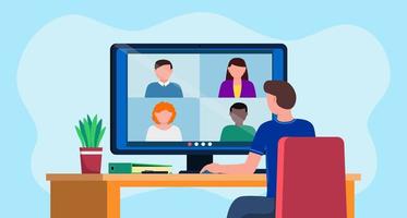 illustrazione vettoriale di videoconferenza. gruppo di persone che parlano da un programma per computer. schermo con la comunicazione dei colleghi. riunione online, lavoro da casa, lavoro a distanza