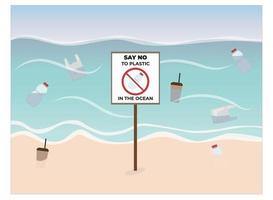 poster contro l'inquinamento oceanico con bottiglie, borse e bicchieri nell'acqua e sulla riva nel vettore