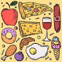 icone del cibo. sfondo di cibo colorato. doodle illustrazione vettoriale con icona di cibo