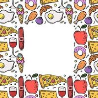 cornice alimentare senza soluzione di continuità. sfondo di cibo con posto per il testo. doodle illustrazione vettoriale con icona di cibo
